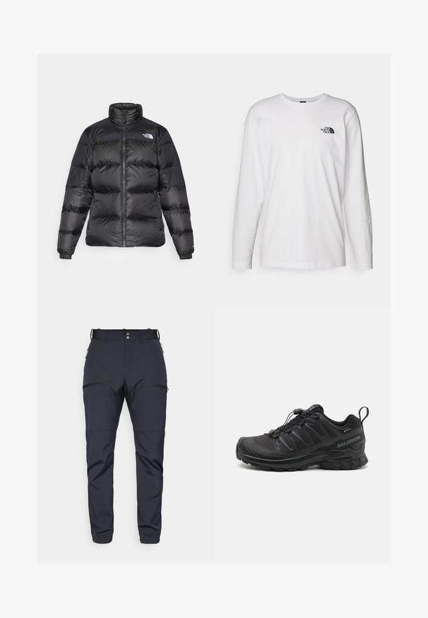 Czarna kurtka puchowa z wysokim kołnierzem, zamkiem błyskawicznym z przodu i poziomym pikowaniem. Posiada elastyczne mankiety oraz logo marki na lewym ramieniu.; Biała koszulka z długim rękawem wykonana z bawełny, z okrągłym dekoltem. Posiada małe czarne logo na piersi. Gładka faktura, regularny krój.; Houdini - Długie spodnie trekkingowe; Czarny but sportowy z teksturowanym syntetycznym wierzchem, amortyzowaną podeszwą i systemem szybkiego sznurowania. Posiada wzmocniony nos i piętę.