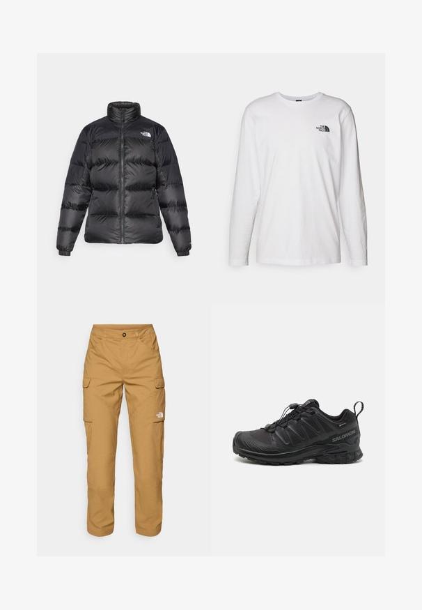 Svart pufferjacka med hög krage, frontdragkedja och horisontellt quiltad textur. Har elastiska ärmmuddar och logotyp på vänstra axeln.; Vit långärmad T-shirt i bomull med rund halsringning. Har en liten svart logotyp på bröstet. Slät textur, normal passform.; The North Face EXPLORATION PANTS - Cargobyxor - utility brown; Svart sportskor med en strukturerad syntetöverdel, dämpad sula och ett snabbsnörningssystem. Har förstärkt tå och hälen.