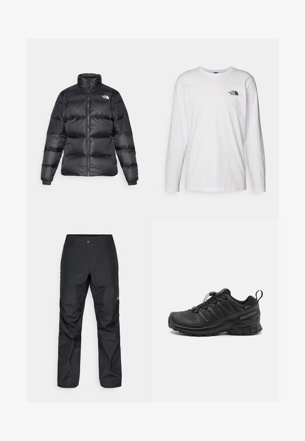 Černá bundy s kapucí, bočním zipem a horizontálním prošíváním. Obsahuje elastické manžety a logo značky na levém rameni.; Bílý dlouhý rukáv tričko vyrobené z bavlny s kulatým výstřihem. Na hrudi se nachází malé černé logo. Hladká textura, běžný střih.; Černé voděodolné kalhoty se střihovým designem rovného nohavice, s hladkým povrchem, dvěma knoflíky v pase a nenápadným potiskem na boku.; Černá sportovní bota s texturovaným syntetickým svrškem, polstrovanou podrážkou a rychlouzavíracím systémem. Obsahuje zesílenou špičku a patu.