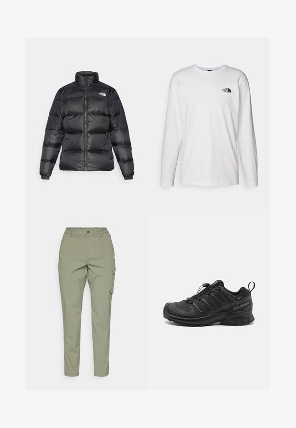 Svart puffer-jakke med høy krage, frontglidelås og horisontal quiltet tekstur. Har elastiske mansjetter og merkets logo på venstre skulder.; Hvit langermet T-skjorte laget av bomull med rund hals. Har en liten svart logo på brystet. Glatt tekstur, vanlig passform.; Lys olivengrøn cargo bukser med rett ben design, front knaplukning og sidelommer for funksjonalitet. Glatt, slitesterkt stoff.; Svart sportsko med en teksturert syntetisk overdel, polstret såle og et hurtiglenkesystem. Har forsterket tå og hæl.