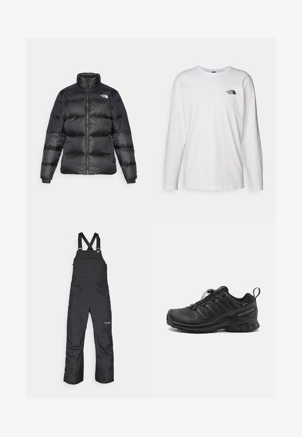 Černá bundy s kapucí, bočním zipem a horizontálním prošíváním. Obsahuje elastické manžety a logo značky na levém rameni.; Bílý dlouhý rukáv tričko vyrobené z bavlny s kulatým výstřihem. Na hrudi se nachází malé černé logo. Hladká textura, běžný střih.; Černé sněhové overaly s nastavitelnými ramenními popruhy, bočními kapsami a přední kapsou na klopu. Vyrobeno z materiálu odolného vůči nepříznivému počasí.; Černá sportovní bota s texturovaným syntetickým svrškem, polstrovanou podrážkou a rychlouzavíracím systémem. Obsahuje zesílenou špičku a patu.