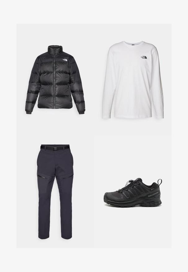 Black puffer jacket with high collar, front zipper, and horizontal quilted texture. Features elasticized cuffs and brand logo on the left shoulder.; White long-sleeve T-shirt made of cotton with a crew neck. Features a small black logo on the chest. Smooth texture, regular fit.; Dark navy outdoor pants with a slim fit, features zippered pockets, reinforced knee patches, and an adjustable waistband. Lightweight material.; Black athletic shoe with a textured synthetic upper, cushioned sole, and a quick-lacing system. Features a reinforced toe and heel.