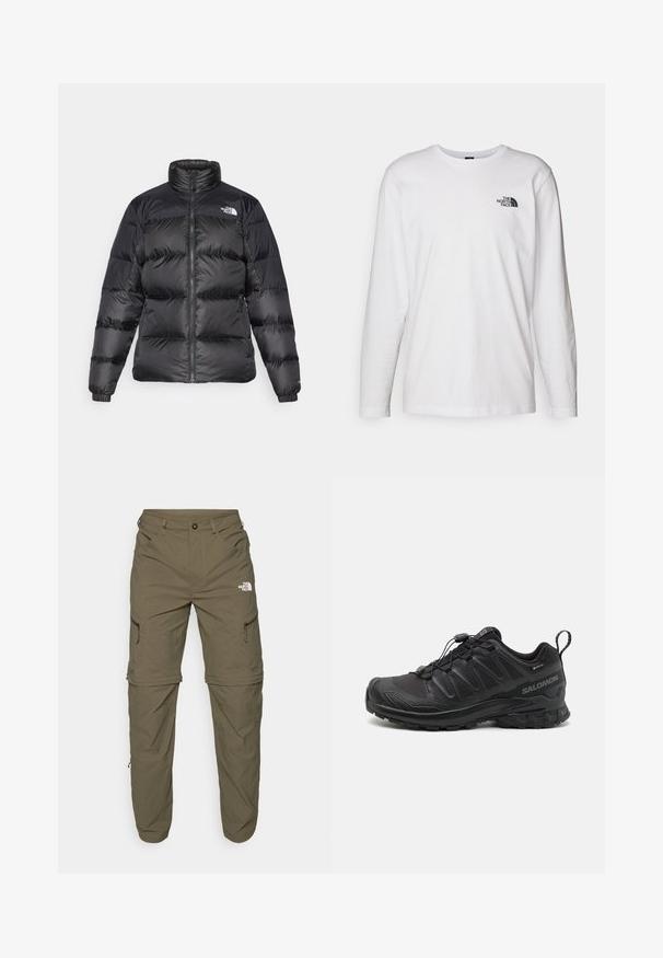 Svart pufferjacka med hög krage, frontdragkedja och horisontellt quiltad textur. Har elastiska ärmmuddar och logotyp på vänstra axeln.; Vit långärmad T-shirt i bomull med rund halsringning. Har en liten svart logotyp på bröstet. Slät textur, normal passform.; The North Face EXPLORATION TAPERED CONVERTIBLE - Friluftsbyxor - new taupe green; Svart sportskor med en strukturerad syntetöverdel, dämpad sula och ett snabbsnörningssystem. Har förstärkt tå och hälen.