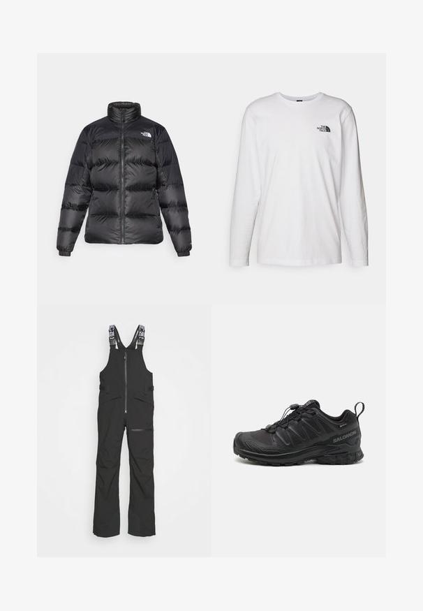 Svart puffer-jakke med høy krage, frontglidelås og horisontal quiltet tekstur. Har elastiske mansjetter og merkets logo på venstre skulder.; Hvit langermet T-skjorte laget av bomull med rund hals. Har en liten svart logo på brystet. Glatt tekstur, vanlig passform.; Svart vanntett kjeledress har justerbare stropper, en frontglidelås og flere lommer, med forsterkede benpaneler for holdbarhet.; Svart sportsko med en teksturert syntetisk overdel, polstret såle og et hurtiglenkesystem. Har forsterket tå og hæl.