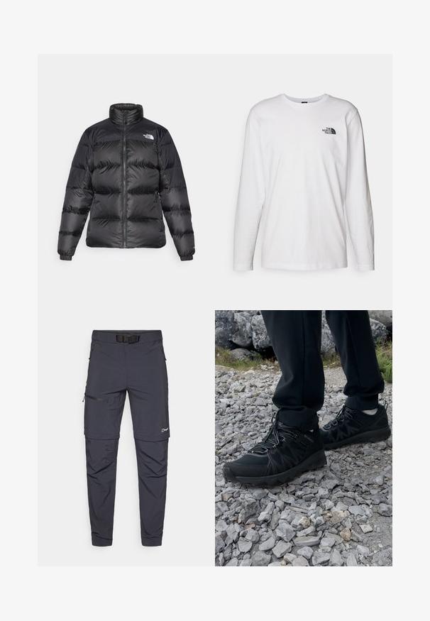 Black puffer jacket with high collar, front zipper, and horizontal quilted texture. Features elasticized cuffs and brand logo on the left shoulder.; White long-sleeve T-shirt made of cotton with a crew neck. Features a small black logo on the chest. Smooth texture, regular fit.; Dark gray, lightweight outdoor trousers with a belt, multiple pockets, and a zippered side compartment. Smooth, durable fabric with adjustable cuffs.; Black outdoor shoes with mesh and synthetic material, featuring a textured upper, secured lacing system, and a rugged outsole, on rocky terrain.