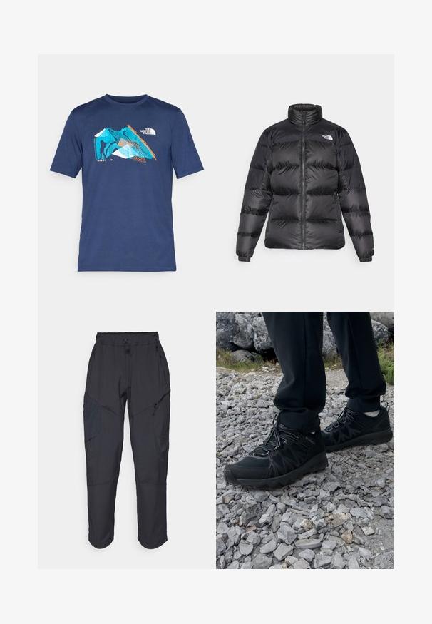 Black puffer jacket with high collar, front zipper, and horizontal quilted texture. Features elasticized cuffs and brand logo on the left shoulder.; Navy blue short-sleeve t-shirt made of soft fabric featuring a graphic design with blue, orange, and white accents depicting mountains and a climber.; Black cargo pants made from a lightweight, water-resistant material; features elastic waistband, multiple zippered pockets, and tapered legs.; Black outdoor shoes with mesh and synthetic material, featuring a textured upper, secured lacing system, and a rugged outsole, on rocky terrain.