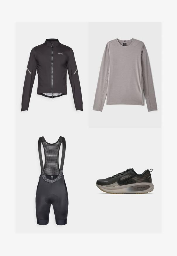 Fekete, könnyű kerékpáros dzseki hosszú ujjakkal, magas gallérral, elülső cipzárral és fényvisszaverő részletekkel az ujjakon. Simább, texturált anyag.; Szürke hosszúujjú póló, kerek nyakkivágással, oldalsó hasítékokkal és sima, rugalmas anyagból. Minimalista dizájn, minta vagy díszítés nélkül.; Fekete kerékpáros nadrágpánt, hálós hátrész panelt tartalmaz, párnázott ülőrésszel és rugalmas lábmandzsettákkal a kényelmes illeszkedésért.; Fekete futócipő hálós felsőrésszel, fényvisszaverő részletekkel és ZoomX párnázással. Tömör talppal a tapadásért. Streamlined dizájn.