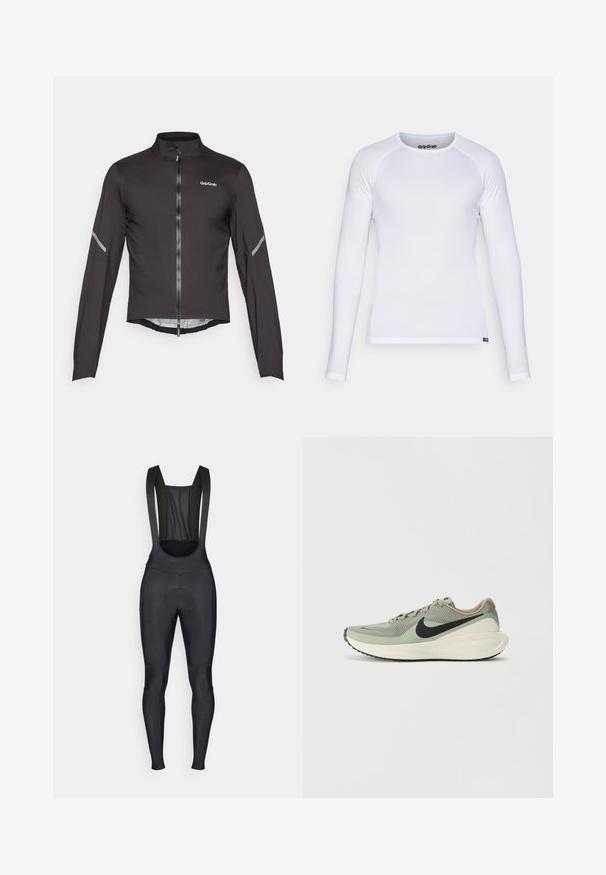 Black lightweight cycling jacket with long sleeves, high collar, front zipper, and reflective accents on sleeves. Smooth, textured fabric.; White long-sleeve shirt made of smooth, lightweight fabric. Features a crew neckline and flatlock seams. Includes GripGrab logo on collar.; Black cycling bib tights with shoulder straps, featuring a mesh back panel and padded seat area for comfort during rides.; Nike Performance REVOLUTION 8 - Road running shoes - army/black/jade horizon/phantom
