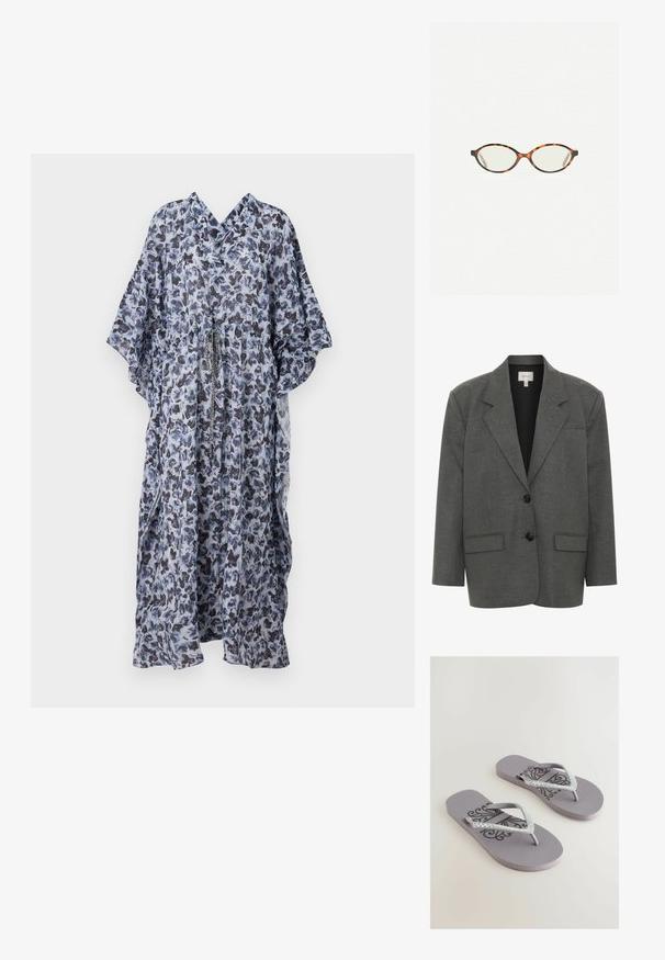 Gestuz PAULA - Suknjič - dark grey melange; Lahki, prozoren kimono z cvetličnim vzorcem v modri in črni barvi. Ima široke rokave in zbrano pas z zavezanjem.; Sivi japonki z teksturirano podnožjem, ki imajo dekorativen črn vzorec in trakove v obliki črke V, okrašene s sijočimi rhinestones.; Kornjačaste očala z ovalnimi lečami in gladko, sijočo površino. Imajo tanke stranice z rahlim ovinkom na templjih. Prosojne leče.