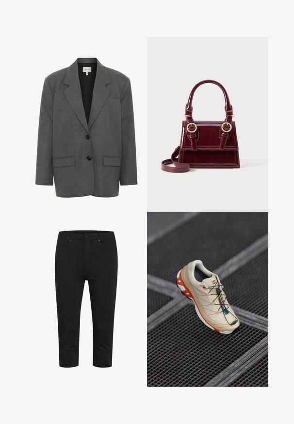 Gestuz PAULA - Bleiseri - dark grey melange; Oliivinvihreä pyöreä kaula-aukkoinen villapaita, jossa on pitkät hihat ja ribbaus hihansuissa ja helmassa, esillä valkoista taustaa vasten.; Mustat vartalonmyötäiset capri-housut, joissa on etupainike, vetoketjukiinnitys sekä etu- ja takataskut, esillä valkoisella taustalla.; Vaaleanbeige juoksukengät, joissa on oransseja yksityiskohtia. Suunniteltu tekstuurilla varustetulla yläosalla, mustalla pohjalla ja integroiduilla nauhoilla. Varustettu GORE-TEX -merkinnällä.; Burgundy patahitsa nahka kongkruha nafwisofirani gnņumni dorbira, z dvema zgornjimi ročaji, zlatimi kovinskimi dodatki in snemljivim naramnim trakom. Pravokotna oblika s kontrastnim šivanjem.; Kultainen suorakulmainen rannekello, jossa on kuvioitu vaaleanvihreä kellotaulu, kaksi mustaa tuntimerkkiä, kultainen metalliranneke ja minimalistinen muotoilu.