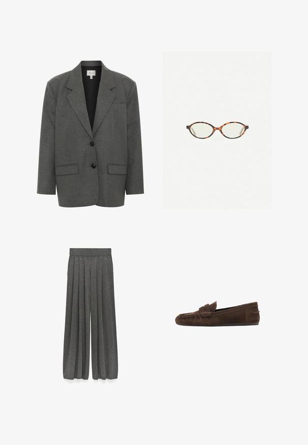 Gestuz PAULA - Blazer - dark grey melange; Lichtgrijze, langmouwen trui gemaakt van zacht, pluizig materiaal met een ronde halslijn en een relaxte pasvorm. Geen zichtbare patronen of hardware.; Lichtblauw overhemd met lange mouwen, voorzien van een button-down kraag, een enkele borstzak en een ontspannen pasvorm. Zachte stofstructuur en klassiek ontwerp.; Grijze geplooide culottes van een gestructureerde stof, met een wijde pijpontwerp en een elastische tailleband voor een ontspannen pasvorm.; Bruine suede instappers met een gestructureerde bovenkant, voorzien van een gevlochten accent en een platte zool, ontworpen voor casual comfort en gebruiksgemak.; Kattenoogbril met ovale lenzen en een strakke, gladde afwerking. Heeft dunne zijkanten met een subtiele kromming bij de slapen. Transparante lenzen.