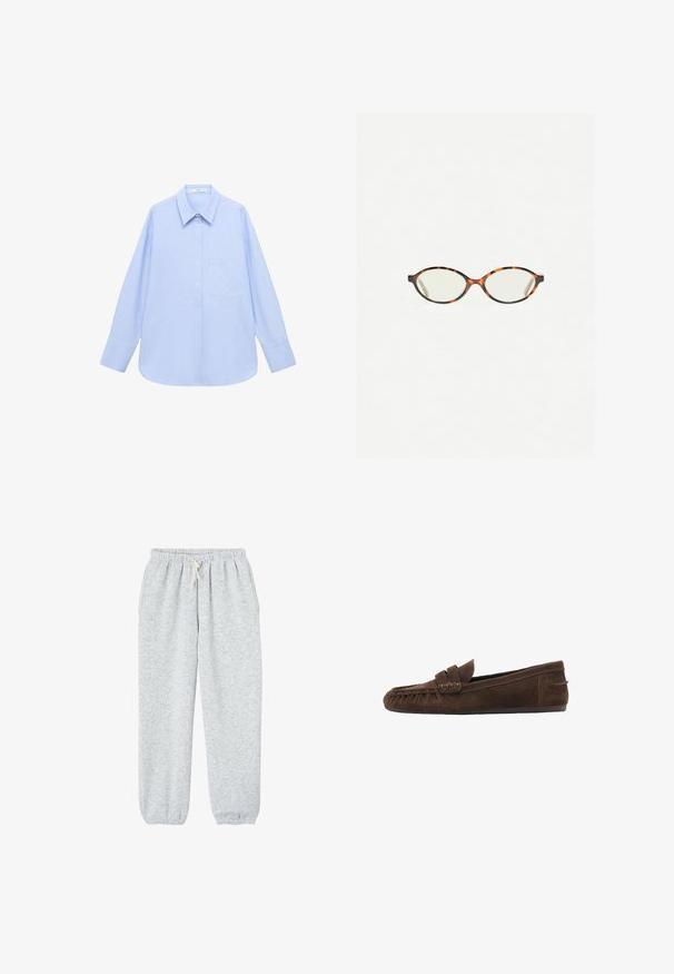 Gestuz PAULA - Suknjič - dark grey melange; Svetar svetlo sivoj barvi z dolgimi rokavi, izdelan iz mehkega in puhastega materiala, z okruglim izrezom in sproščenim krojem. Brez vidnih vzorcev ali kovinskih delov.; Svetlo modra srajca z dolgimi rokavi, s ovratnikom na gumb in enim žepom na prsih, ter sproščenim krojem. Gladka tekstura materiala in klasičen dizajn.; Sive trenirke iz mehkega materiala, z elastičnim pasom z vrvico in elastičnimi manšetami na gležnjih.; Rjavi semiš loaferi z teksturirano zgornjimi deli, ki imajo pleteno okrasje in ravno podplat, zasnovani za sproščeno udobje in enostavno obuvanje.; Kornjačaste očala z ovalnimi lečami in gladko, sijočo površino. Imajo tanke stranice z rahlim ovinkom na templjih. Prosojne leče.