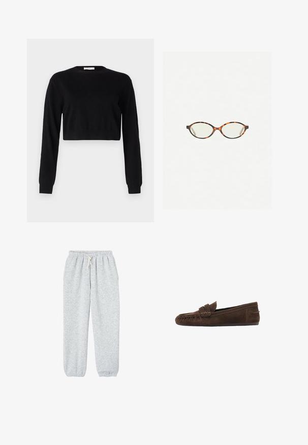 Gestuz PAULA - Kratka jakna - dark grey melange; Crna skraćena pletača izrađena od pletiva. Ima duge rukave, okrugli izrez i uske rubove. Jednostavan i jednobojan dizajn.; Sive trenirke od mekog materijala, s elastičnom trakicom u struku i vezicom, te elastičnim manžetama na gležnjevima.; Smeđe mokasine od suedea s teksturiranim gornjim dijelom, s pletenim akcentom i ravnim potplatom, dizajnirane za ležernu udobnost i jednostavno oblačenje.; Naočale u boji kornjače s ovalnim staklima i elegantnim, glatkim završetkom. Imaju tanke strane s suptilnom krivuljom na sljepoočnicama. Prozirna stakla.