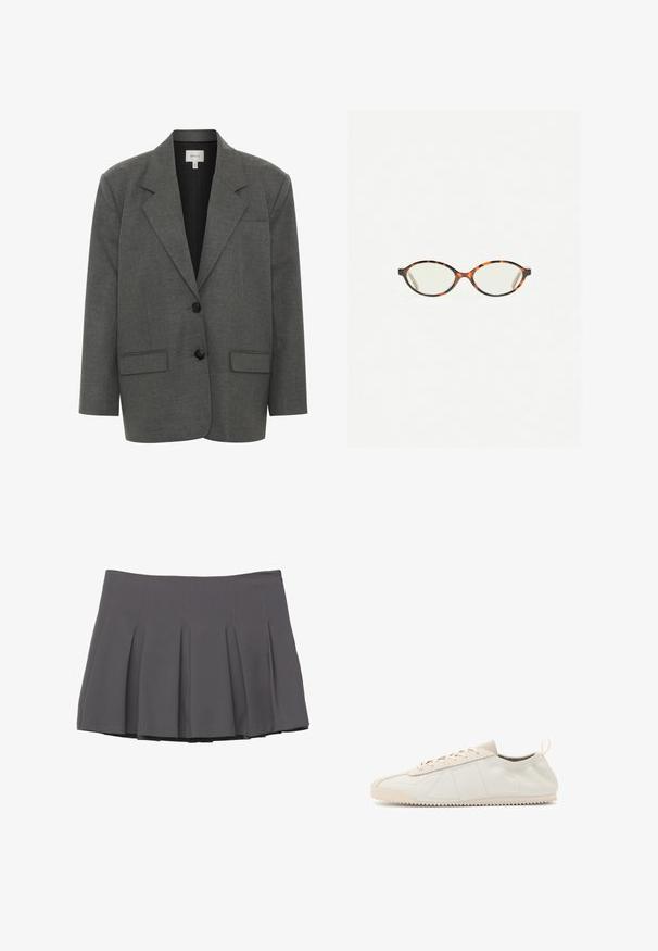 Gestuz PAULA - Blejzr - dark grey melange; Světle modrá košile s dlouhým rukávem a límečkem na knoflíky, s jednou náprsní kapsou a volným střihem. Hladký textilní povrch a klasický design.; Šedá plisovaná sukně s hladkým povrchem, zdobená prošitými detaily a přiléhavým pasem, končící v polovině stehna.; Krémové kožené tenisky s kulatou špičkou, s šněrovacím designem, texturovanými akcenty a texturovanou gumovou podrážkou s jemným protiskluzovým vzorem.; Želvovinové brýle s oválnými čočkami a hladkým, jemným povrchem. Má tenké bočnice s jemným zakřivením v chrámcích. Čiré čočky.