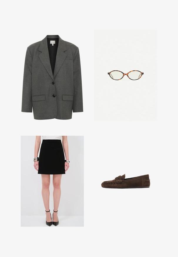 Gestuz PAULA szary; Jasnoniebieska koszula z długim rękawem, z kołnierzykiem zapinanym na guziki, pojedynczą kieszenią na piersi oraz w luźnym kroju. Gładka faktura tkaniny i klasyczny design.; Czarna spódnica w kształcie litery A o gładkiej fakturze, dopasowanym pasie i subtelnych bocznych szwach. Zestawiona z błyszczącymi czarnymi szpilkami i srebrnymi bransoletkami.; Brązowe zamszowe loafersy z teksturowaną cholewką, wyposażone w pleciony akcent i płaską podeszwę, zaprojektowane dla wygody i łatwości noszenia w codziennych stylizacjach.; Okulary w kolorze tortoiseshell z owalnymi soczewkami i gładkim, eleganckim wykończeniem. Posiadają cienkie boki z delikatnym łukiem w okolicy skroni. Przezroczyste soczewki.