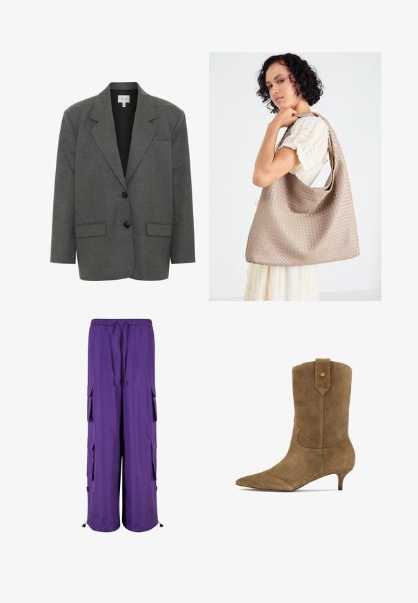 Gestuz PAULA - Blazer - dark grey melange; Zwarte bustier met verstelbare spaghetti bandjes, voorzien van een gestructureerd panterprintpatroon en een gestructureerd paneelontwerp.; Paarse cargobroek met een elastische tailleband, voorzien van twee zijzakken en twee cargozakken. Gemaakt van lichte stof met een gladde textuur.; Bruine suède enkellaars met spitse neus en lage kittenhak. Heeft decoratieve stiksels en een lus aan de achterkant voor gemakkelijk aantrekken.; Geweven beige draagtas met een slungelige vorm en een enkele schouderband. Kenmerkt zich door een textuurpatroon over het hele oppervlak.