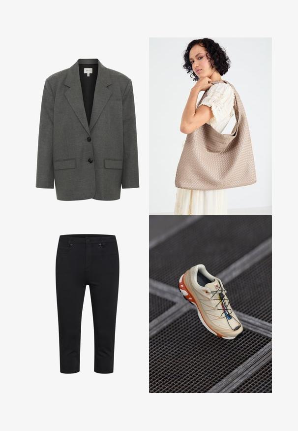 Gestuz PAULA - Suknjič - dark grey melange; Črn bustier z nastavljivimi trakovi, ki ima strukturirano ploščato obliko in teksturiran leopardski vzorec.; Črne kratke ozke hlače s sprednjim gumbom, zadrgo in sprednjimi ter zadnjimi žepi, prikazane na belem ozadju.; Bežni tekaški čevelj z oranžnimi detajli, zasnovan z teksturiranim zgornjim delom, črnim podplatom in integriranimi vezalkami. Ima GORE-TEX oznako.; Tkanina bež torba z naborjanjem in enim naramnim trakom. Ima teksturiran vzorec po celotni površini.; Zlata pravokotna ura na zapestju z teksturirano svetlo zeleno številčnico, dvema črnima kazaloma za ure, zlatim kovinskim zapestjem in minimalističnim dizajnom.