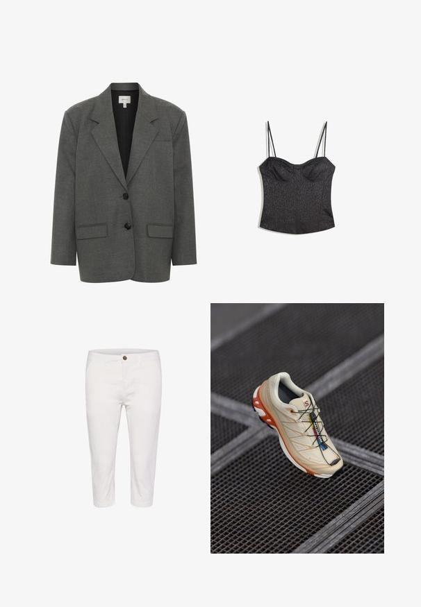 Gestuz PAULA - Blézer - dark grey melange; Fekete fűző állítható spagettipántokkal, texturált leopárdmintás mintázattal és strukturált panelezett dizájnnal.; Fehér, pamutból készült, gombos záródással ellátott rövidített nadrág, elülső zsebekkel és sima felülettel. Egyszerű dizájn és egyenes szabás.; Beige színű futócipő narancssárga akcentusokkal, textúrázott felsőrésszel, fekete talppal és beépített fűzőkkel. GORE-TEX márkázással rendelkezik.