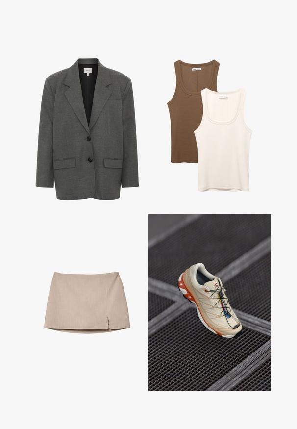 Gestuz PAULA - Blazer - dark grey melange; Due canotte: una marrone scuro con texture a coste e spalline larghe, l'altra in bianco sporco, in tessuto liscio con design simile.; Gonna beige aderente in tessuto testurizzato, con una leggera apertura laterale. Design semplice privo di accessori o motivi aggiuntivi.; Scarpa da corsa beige con accenti arancioni, progettata con una parte superiore testurizzata, suola nera e lacci integrati. Presenta il marchio GORE-TEX.