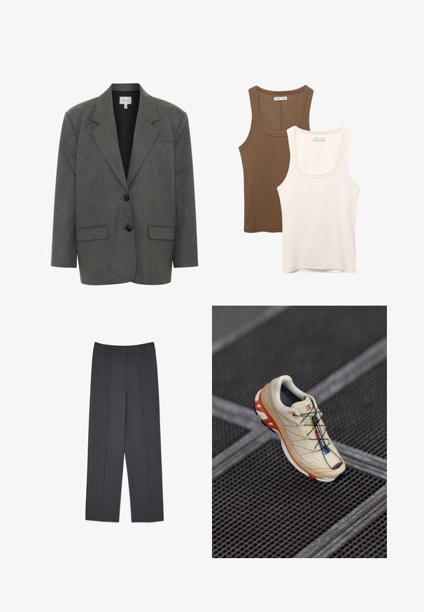 Gestuz PAULA - Blazer - dark grey melange; Twee tanktops: de ene in donkerbruin met ribbelstructuur en brede banden, de andere in gebroken wit, van gladde stof met een vergelijkbaar ontwerp.; Grijze op maat gemaakte broeken met een recht skinny ontwerp, voorzien van geplooide persvouwen, een gladde textuur en riemlussen. Geen zichtbare zakken.; Beige hardloopschoen met oranje accenten, ontworpen met een gestructureerde bovenkant, zwarte buitenzool en geïntegreerde veters. Bevat GORE-TEX branding.