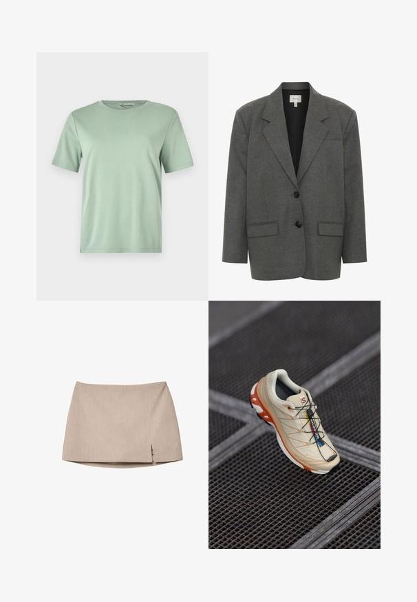 Gestuz PAULA - Blejzr - dark grey melange; Mentolově zelené tričko s krátkým rukávem z měkké tkaniny. Má kulatý výstřih a volný střih se rovnými okraji.; Beige přiléhavá sukně s texturovanou tkaninou, která má malý boční rozparek. Jednoduchý design postrádá další kovové prvky či vzory.; Béžová běžecká obuv s oranžovými akcenty, navržená s texturovaným svrškem, černou podešví a integrovanými šňůrkami. Obsahuje branding GORE-TEX.