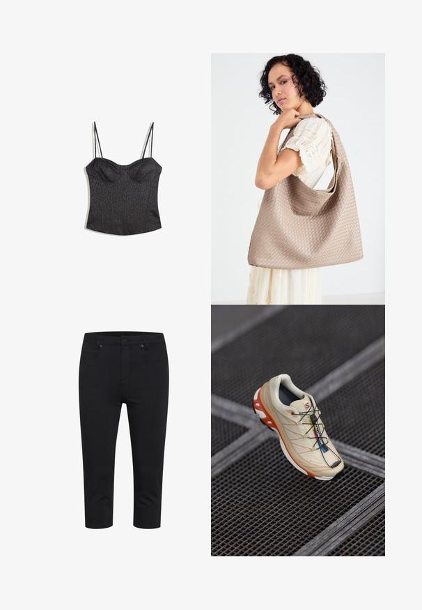 Gestuz PAULA - Blazer - dark grey melange; Black bustier with adjustable spaghetti straps, featuring a textured leopard print pattern and structured paneled design.; Black cropped slim-fit pants with front button, zipper closure, and front and back pockets, displayed on white background.; Beige running shoe with orange accents, designed with a textured upper, black outsole, and integrated laces. Features GORE-TEX branding.; Woven beige tote bag with a slouchy design and a single shoulder strap. Features a textured pattern throughout the surface.