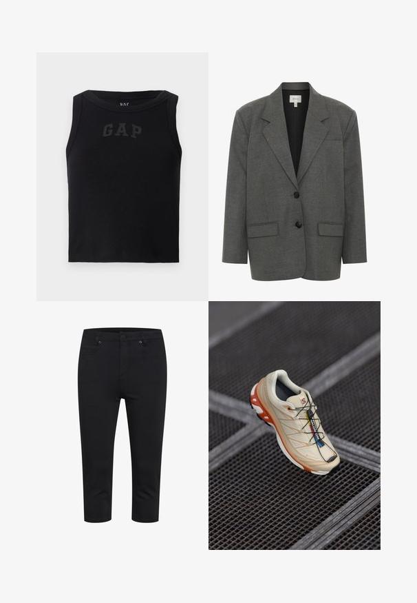 Gestuz PAULA - Blazer - dark grey melange; Top de tirantes negro con cuello redondo, que presenta un logotipo "GAP" en negro en la parte frontal. Sin adornos adicionales.; Pantalones negros cortos de corte slim-fit con botón en la parte delantera, cierre de cremallera y bolsillos delanteros y traseros, exhibidos sobre fondo blanco.; Zapatilla de correr beige con acentos naranjas, diseñada con una parte superior texturizada, suela negra y cordones integrados. Presenta la marca GORE-TEX.