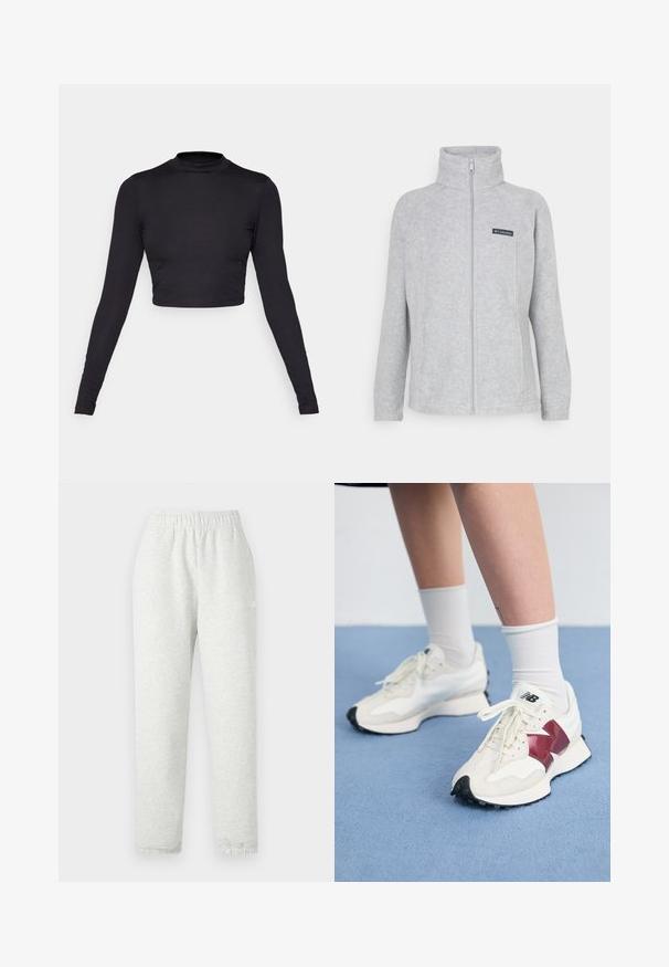 Sivá fleecová bunda s vysokým golierom, plným predným zipsom a postrannými vreckami. Na hrudi má čiernu nášivku s logom. Jednoduchý dizajn.; Čierny dlhý rukáv crop top s vysokým golierom. Vyrobený z rebrovanej tkaniny, disponuje priliehavými rukávmi a čistým, bezšvovým lemovaním.; Svetlo šedé tepláky s elastickým pásom, zúženými nohavicami a rebrovanými manžetami. Vyrobené z mäkkej, štruktúrovanej tkaniny. Biele logo na boku.; Pár bielych tenisiek s bordovými akcentmi, štruktúrovanými panelmi, plochou čiernou podrážkou a svetlými šnúrkami, nosených s bielymi členkovými ponožkami.