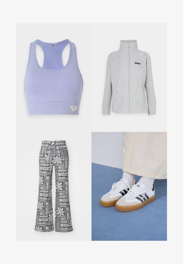 Jachetă din fleece gri, cu guler înalt, zip complet pe față și buzunare laterale. Prezintă un patch cu logo negru pe piept. Design simplu.; Închiriu o brăță sport cu dungi de culoare violet deschis, cu decolteu rotund și spate în stil racerback, având un mic logo în formă de inimă în colțul din jos.; Pantaloni flaring alb-negru, cu un model floral geometric. Confectionați dintr-o țesătură ușoară, cu o textură netedă.; Adidași albi cu dungi negre și accente din suede bej. Au talpă din cauciuc texturat și șireturi albe plate, purtați cu șosete de culori deschise.