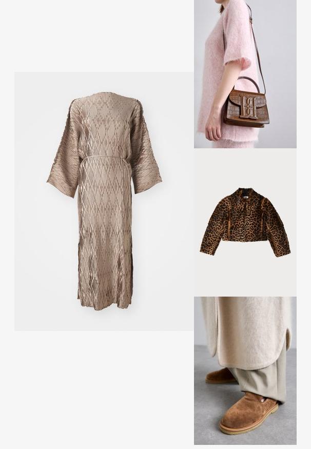By Malene Birger ROWANI - Kožená bunda - leopard; Beige midi šaty s dlouhým rukávem, texturované, se širokými rukávy a tenkým opaskem uvázaným v pase na bílém pozadí.; Hnědé semišové slip-on boty s kulatou špičkou, gumovou podrážkou a řezanými detaily po stranách, v kombinaci se světlými béžovými oděvními kalhotami.; Hnědá kabelka s embossovaným vzorem krokodýla, s horní rukojetí a nastavitelným ramenním popruhem. Na předním klopě se nachází výrazné logo. Měkká textura.