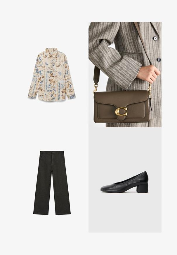 Massimo Dutti CROPPED - Leren jas - black; Langsleeve shirt gemaakt van crèmekleurige stof, met een blauw en bruin bloemenpatroon met vierkante accenten. Voorzien van een knoopsluiting en kraagdesign.; Wijd uitlopende zwarte denim broek met een middelhoge taille, twee zijzakken en een eenvoudige, minimalistische uitstraling zonder zichtbare versieringen.; Zwarte leren pump met een ronde neus en een middenblokhak. Glad textuur met minimale details, voorzien van een subtiele elastische opening.; COACH TABBY SHOULDER BAG 26 - Handtas - dark stone