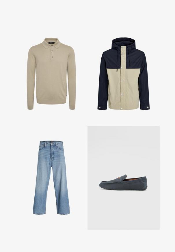 Hooded jaka ar beigo un tumši zilu krāsu bloku dizainu, izgatavota no gludas auduma ar pogām un regulējamiem saites.; Garā piedurkne polo krekls gaiši bežā adītā audumā, ar klasisku apkakli, trīs pogu aizdari un ribotām piedurknēm.; Gaiši zili plaša kāju džinsi, kas izgatavoti no denima, ar augstu jostasvietu, klasisku piecu kabatu dizainu un pogu aizdari ar rāvējslēdzēju.; Pelēki perforēti loafers ar iebūvētu dizainu, kas izceļas ar oranžu akcentu, noapaļotu purngalu un teksturētu gumijas zoli.