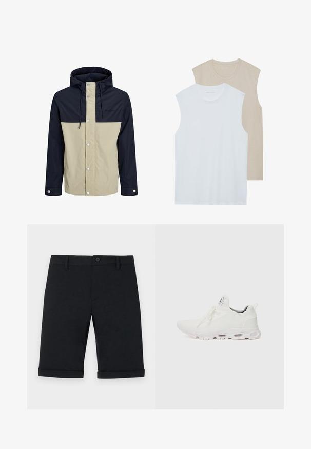 Jakna s kapuljačom s bež i tamnoplavim blokovima boja, izrađena od glatkog materijala s kopčama na dugme i podešavajućim vezicama.; Dvije majice bez rukava: jedna bijela, druga svijetlo bež. Obe imaju okrugle izreze i izrađene su od mekog, glatkog materijala s ležernim krojem.; Crne pamučne hlače do koljena s kopčanjem na gumb, s ravnim prednjim dijelom, srolanim rubovima i stražnjim džepovima. Glatka tekstura i prilagođeni kroj.; Bijele atletske tenisice s gornjim dijelom od teksturiranog pletenog materijala, ravnim vezicama i jastučićem u potplatu s vidljivim zračnim komorama radi dodatne potpore.