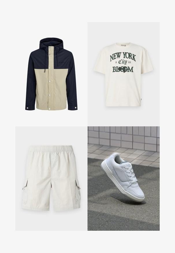 Kurtka z kapturem w beżowo-granatowym wzorze kolorystycznym, wykonana z gładkiego materiału, z napami i regulowanymi sznurkami.; Kremowa bawełniana koszulka z krótkim rękawem, z nadrukiem "NOWY JORK miasto w KWIATACH" w ciemnozielonym kolorze.; Jasnoszare szorty cargo z elastycznym pasem, z dwoma kieszeniami po bokach i subtelnym logo na lewej kieszeni.; Białe skórzane trampki z perforowanymi bokami, teksturowanymi akcentami, płaskimi sznurowadłami i kontrastującym szarym obcasem. Posiadają lekko podniesioną podeszwę.