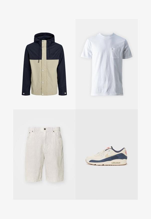 Kapuziga jope, millel on beeži ja lahe sinise värvi plokkdisain, mis on valmistatud siledast kangast, millel on luku nupud ja reguleeritavad tõmblukud.; Valge puuvillane T-särk, millel on ümmargune kaelus, lühikesed varrukad ja vasakul rinnal tasku, taskul on väike logo. Sujuv tekstuur.; Hallide hallhalli lühikesed püksid, millel on tekstuuriga pind, nööbikinnitus, vööautosid ja kaks külgetaskut.; Kreem nahk ja tumesinise nubukiga ülaosa, millel on nähtav õhksool, beež kummist välistald ja punane aktsent kanna peal.