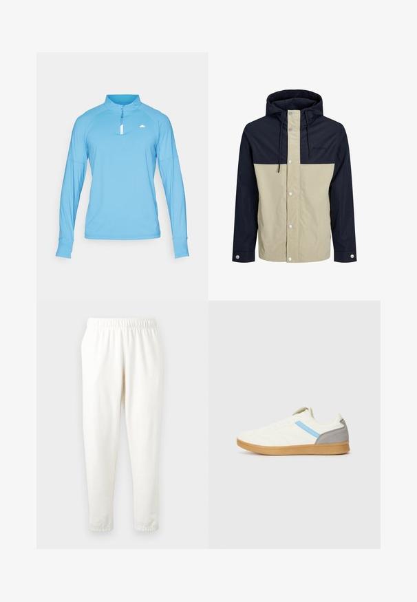 Kapucnis dzseki bézs és tengerészkék színblokkal, sima anyagból készült, patent gombokkal és állítható húzózsinórokkal.; Világoskék, hosszú ujjú felső, félig cipzáros gallérral, sima anyagból készült. Raglán ujjak és kis logó található a mellen.; Rugalmas derekú, krém színű melegítőnadrág, tapered lábakkal, puha anyagból készült. Jellemzője a sima textúra, és nincsenek rajta látható minták vagy díszítések.; Krém színű felsőrésszel, kék oldalcsíkkal és szürke sarokkiemeléssel rendelkező sportcipők. Texturált dizájn és rágógumi talp jellemzi őket.