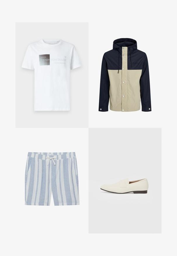 Kapuziga jope, millel on beeži ja lahe sinise värvi plokkdisain, mis on valmistatud siledast kangast, millel on luku nupud ja reguleeritavad tõmblukud.; Valge puuvillane lühikeste varrukatega T-särk, millel on musta ja halli värvi graafiline disain koos tekstiga. Ümar kaelus, vabav formaadis, sile tekstuur.; Ribaga lühikesed püksid kergest kangast, millel on sinised ja valged vertikaalsed triibud, elastne vöökoht joonkõrgu ja küljetaskud.; Heledadbeez loafers, millelise lõpp, sile materjal, rihm üle vampi ja madal pruun talla. Lihtne disain minimaalse aktsentidega.
