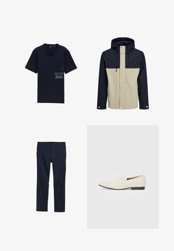 Huppari, jossa on beige ja tummansininen väriestetiikka, valmistettu sileästä kankaasta, jossa on nepparipainikkeet ja säädettävät narut.; T-paita tummansinisestä puuvillasta, jossa on pyöreä kaula-aukko, lyhyet hihat, vasemmalla rintapuolella tasku sekä etuosassa tulostettu logo ja teksti vaaleissa väreissä.; Navy siniset kevyet housut, joissa on sileä pinta, suorat lahkeet, napillinen suljenta ja sivutaskut.; Vaaleanbeige loaferit, joissa on terävä kärki, sileä materiaali, nauha vampin yli ja matala ruskea pohja. Yksinkertainen muotoilu, jossa on minimaalista korostusta.