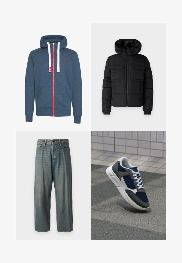 Juodas paminkštintas džemperis su gobtuvu, turintis dvi krūtinės kišenes, priekinį užtrauktuką ir raukšlėtas rankovės. Lygus audinys ir lengvas dizainas.; Mėlynas džemperis su visiškai raudona užtrauktuku, baltais virvutėmis ir raudonu logotipu. Turi kengūros stiliaus kišenę ir rištus rankogalius. Lygi, minkšta medžiagos tekstūra.; Šviesiai mėlyni džinsai su laisvu siluetu, vidutinio aukščio juosmeniu ir tiesiomis kojomis. Su penkiais kišenėmis, diržo kilpo ir mygtukų uždarymu.; Sportiniai bateliai su tamsiai mėlynu tinkliniu viršumi, pilkais zomšiniais akcentais, balta guma padanga ir plokščiomis baltomis raištelėmis, sukurti komfortui ir oro pralaidumui.