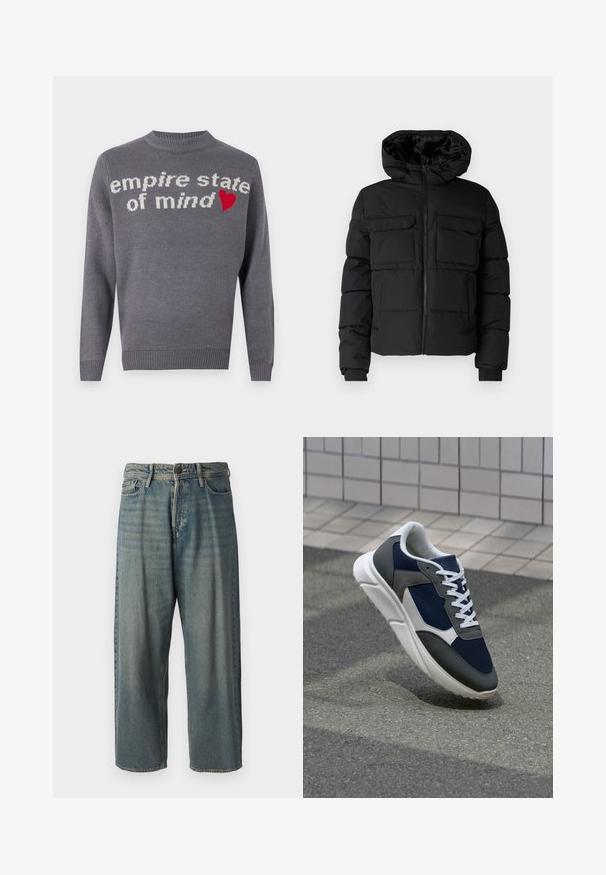 Μαύρο επενδυμένο μπουφάν με κουκούλα, διαθέτει δύο τσέπες στο στήθος, φερμουάρ μπροστά και ριμπ μανσέτες. Απαλή υφή και ελαφρύ σχέδιο.; Γκρι πουλόβερ πλεκτό με το «Empire State of Mind» σε λευκό χρώμα και κόκκινη καρδιά ως accent. Με στρογγυλή λαιμόκοψη και ribbed τελείωμα και μανίκια.; Ανοιχτό μπλε τζιν παντελόνι με χαλαρή γραμμή, μέση μέσου ύψους και ευθείες γραμμές. Περιλαμβάνει πέντε τσέπες, θηλιές ζώνης και κούμπωμα με κουμπί.; Αθλητικά παπούτσια με επάνω μέρος από ναυτικό μπλε διχτυωτό ύφασμα, γκρι σουέτ λεπτομέρειες, λευκή καουτσούκ σόλα και επίπεδα λευκά κορδόνια, σχεδιασμένα για άνεση και αερισμό.