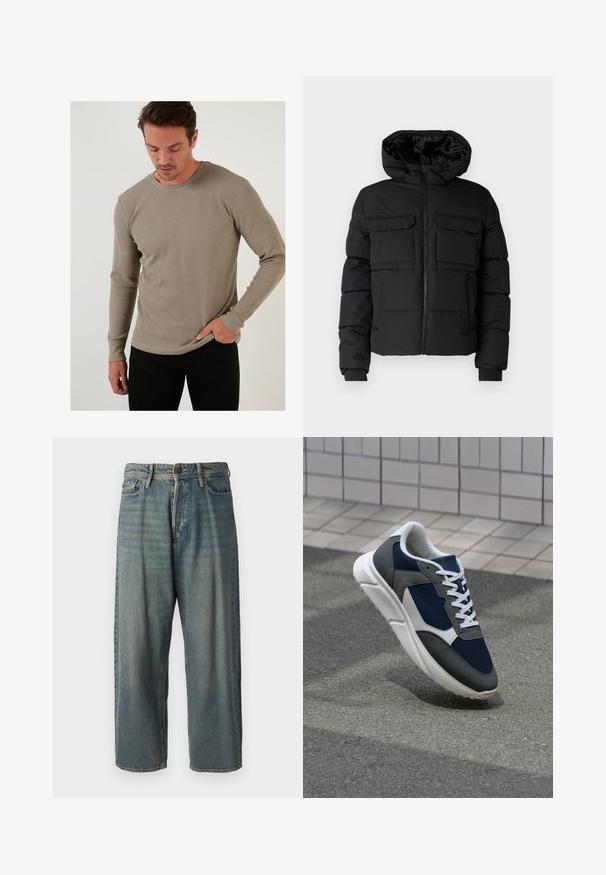 Must värvitud padi jakk kapuutsiga, millel on kaks rinna taskut, eesmine tõmblukk ja ribakäised. Sile tekstuur ja kerge disain.; Beez prindiga pikkade varrukatega termopesu särk, ümar kaelus ja sobivad varrukad, koos mustade pükstega.; Heledad sinine denim-stiilis teksad, volüümse lõike, keskmise kõrgusega talje ja sirgete säärega. Omab viit taskut, vöökumme ja nööpide sulgemist.; Sneaker, mille sinine võrkkangas, hallid nubukdetailid, valge kummitald ja lamedad valged paelad, disainitud mugavuseks ja hingavuseks.