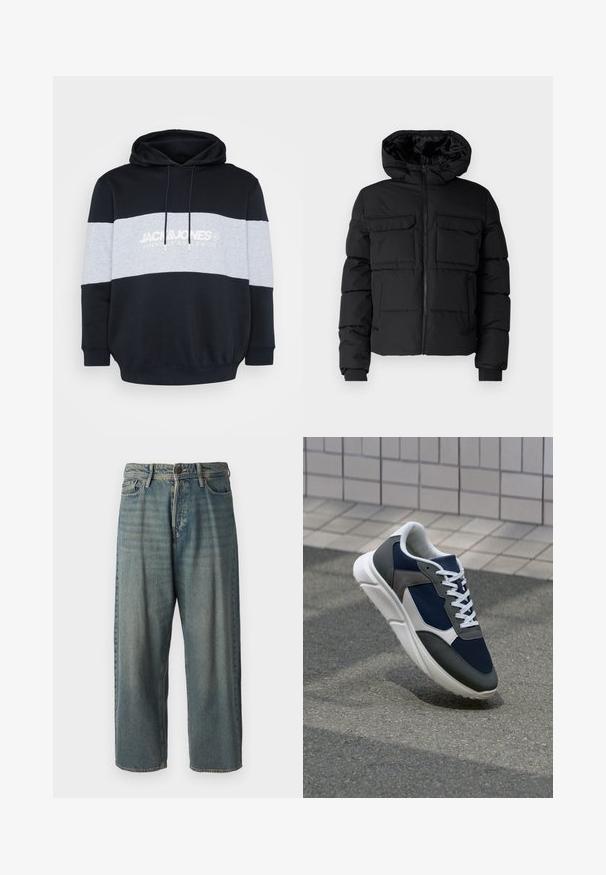 Μαύρο επενδυμένο μπουφάν με κουκούλα, διαθέτει δύο τσέπες στο στήθος, φερμουάρ μπροστά και ριμπ μανσέτες. Απαλή υφή και ελαφρύ σχέδιο.; Φούτερ με κουκούλα με μαύρο σώμα, γκρι οριζόντια ρίγα και λευκό λογότυπο κειμένου. Κατασκευασμένο από μαλακό βαμβακερό μείγμα με ριγέ μανσέτες και στρίφωμα.; Ανοιχτό μπλε τζιν παντελόνι με χαλαρή γραμμή, μέση μέσου ύψους και ευθείες γραμμές. Περιλαμβάνει πέντε τσέπες, θηλιές ζώνης και κούμπωμα με κουμπί.; Αθλητικά παπούτσια με επάνω μέρος από ναυτικό μπλε διχτυωτό ύφασμα, γκρι σουέτ λεπτομέρειες, λευκή καουτσούκ σόλα και επίπεδα λευκά κορδόνια, σχεδιασμένα για άνεση και αερισμό.