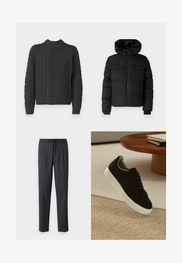 Czarna pikowana kurtka z kapturem, z dwiema kieszeniami na piersi, zamkiem błyskawicznym z przodu i ściągaczami na mankietach. Gładka tekstura i lekka konstrukcja.; Ciemnoszary sweter wykonany na drutach, z wzorem w warkocze, okrągłym dekoltem i ściągaczami przy mankietach oraz u dołu. Teksturowana tkanina dodaje wizualnego zainteresowania.; Dopasowane ciemnoszare spodnie z teksturowanym wzorem, prosty krój i regulowany pasek. Gładki materiał z starannie wykończonymi szwami.; Czarny sneaker z białą podeszwą unoszący się nad beżowym, teksturowanym dywanem w pobliżu okrągłego drewnianego stołu z poukładanymi książkami.