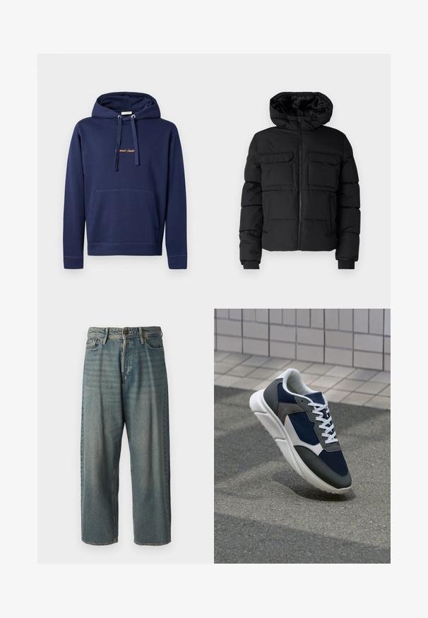 Giacca imbottita nera con cappuccio, dotata di due tasche sul petto, zip frontale e polsini a coste. Texture liscia e design leggero.; Felpa blu navy in cotone con tasca a marsupio, cappuccio con cordino e testo ricamato sul petto. Design semplice con polsini a coste.; Jeans di denim azzurro chiaro con vestibilità ampia, vita media e gambe dritte. Presenta cinque tasche, passanti per cintura e chiusura con bottone.; Sneaker con tomaia in rete blu navy, inserti in suede grigio, suola in gomma bianca e lacci bianchi piatti, progettata per comfort e traspirabilità.
