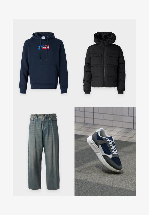 Black padded jacket with a hood, featuring two chest pockets, a front zipper, and ribbed cuffs. Smooth texture and lightweight design.; Navy blue hoodie with a front kangaroo pocket, drawstring hood, and logo in red and blue, featuring a soft, smooth texture and ribbed cuffs.; Light blue denim jeans with a loose fit, mid-rise waist, and straight legs. Features five pockets, belt loops, and a button closure.; Sneaker featuring a navy blue mesh upper, gray suede accents, white rubber sole, and flat white laces, designed for comfort and breathability.