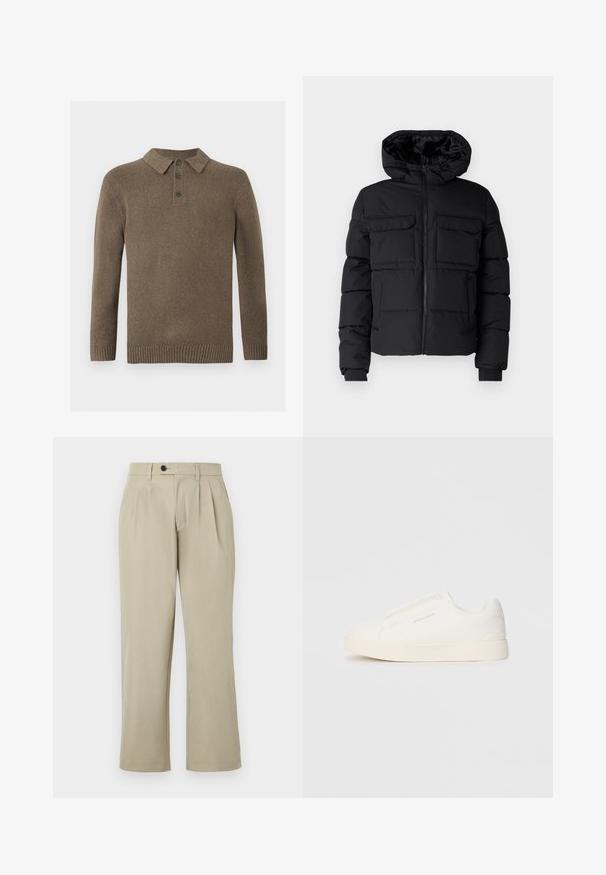 Svart polstret jakke med hette, med to brystlommer, glidelås fremme og ribbestrikkede mansjetter. Jevn tekstur og lett design.; Brun strikket langermet polo genser med tre mørke knapper og ribbestrikkede mansjetter og kant, vist på en hvit bakgrunn.; Beige bukser med en afslappet pasform, der har læg, knaplukning, sidelommer og lige ben. Glat stoftekstur.; Hvite slip-on joggesko med teksturert overflate, tykk såle og minimalistisk design. Har merkevarelogo på siden.