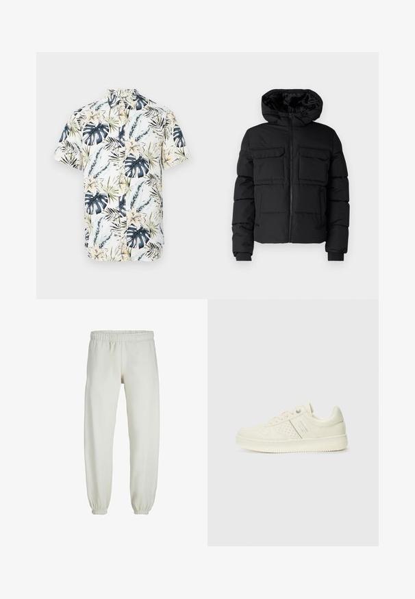 Melnā piepūšamā jaka ar kapuci, ar divām krūšu kabatām, priekšējo rāvējslēdzēju un ribotiem piedurknēm. Gluda tekstūra un viegla konstrukcija.; Īsām piedurkņu krekls ar baltu pamatni un tropisku rakstu, kurā ir zili un zaļi lapas, dzelteni ziedi un pogājama priekšpuse.; Baltas treniņbikses, izgatavotas no mīkstas auduma, ar elastīgu jostu un piedurknēm, gluda tekstūra un brīva piegriezuma dizains.; Krēmbaltie sporta apavi ar perforētu detaļām, auklām un logotipu sānos, attēloti uz vienkārša baltā fona.