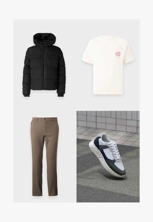 Schwarze gepolsterte Jacke mit Kapuze, zwei Brusttaschen, einem Frontreißverschluss und Rippbündchen. Glatte Textur und leichtes Design.; Weißes T-Shirt mit kurzen Ärmeln und rotem Text "Studio Originals Edition" auf der linken Brust, präsentiert vor einem neutralen grauen Hintergrund.; Braune, gerade geschnittene Hosen aus Baumwolle mit glatter Textur, ausgestattet mit frontalen Taschen und einem Knopfverschluss an der Taille.; Weißer, marineblauer und grauer Sneaker mit einem Materialmix-Design, das ein strukturiertes Obermaterial, flache Schnürsenkel und eine gepolsterte Sohle aufweist.
