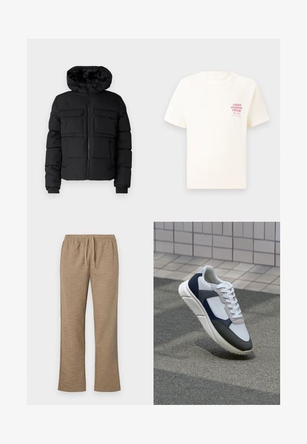 Sort polstret jakke med hætte, der har to brystlommer, en frontlynlås og ribbede ærmer. Glat overflade og letvægtsdesign.; Hvid kortermet T-shirt med rød tekst "Studio Originals Edition" på venstre bryst, vist på en neutral grå baggrund.; Beige bukser med et struktureret mønster, der har en elastisk talje med snørebånd. Lige ben design med en let udvidet bund.; Hvide, marineblå og grå sneakers med et design i blandede materialer, der har en tekstureret overdel, flade snørebånd og en polstret sål.