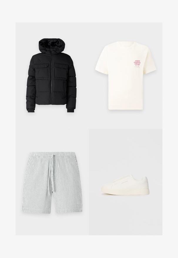 Giacca imbottita nera con cappuccio, dotata di due tasche sul petto, zip frontale e polsini a coste. Texture liscia e design leggero.; T-shirt bianco a maniche corte con testo rosso "Studio Originals Edition" sul lato sinistro del petto, esposto su uno sfondo grigio neutro.; Costumi da bagno a righe grigi e bianchi, con cintura regolabile, design di lunghezza media e materiale morbido e leggero.; Sneakers bianchi slip-on con superficie texturizzata, suola spessa e design minimalista. Presentano il logo del marchio sul lato.